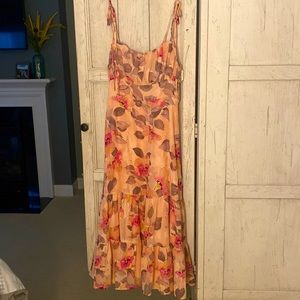 Tea Party Chic Pink Floral Print Tie-Strap Tiered Midi Dress